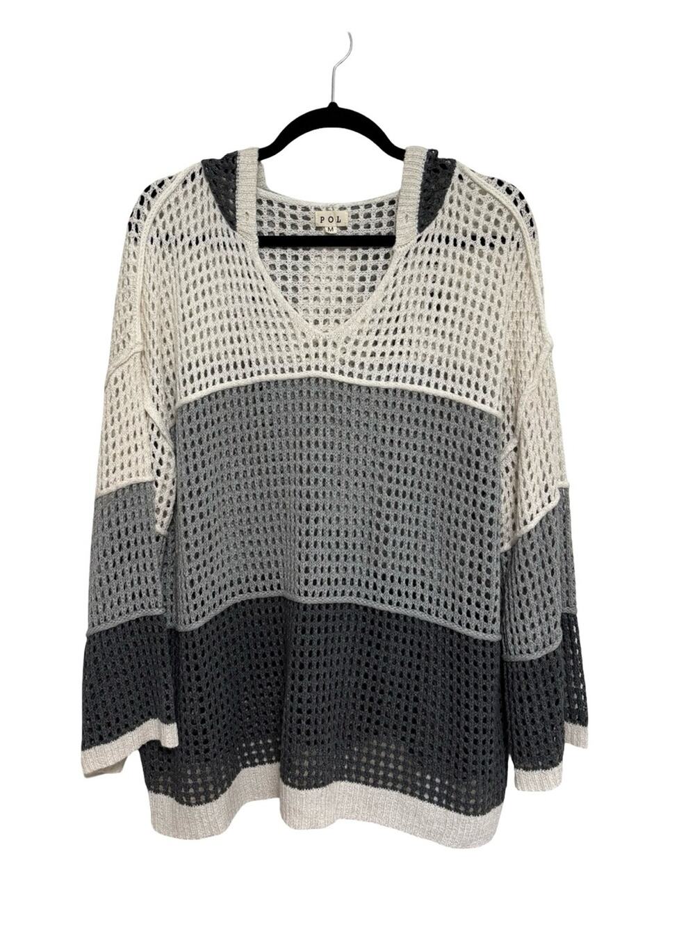 POL Neutral Colorblock Oversized Open Knit Beach Sweater Hoodie - Size M